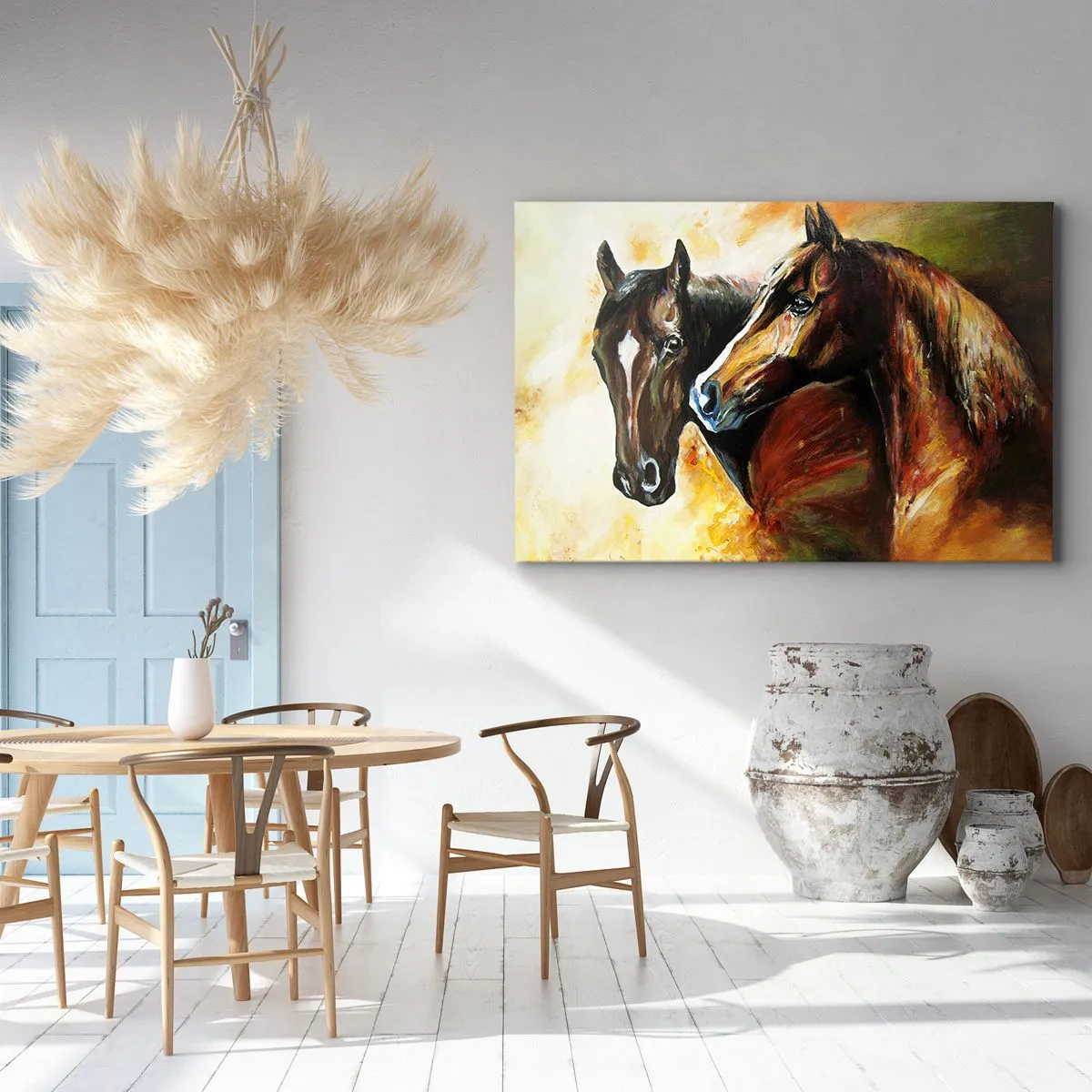 Obraz na plátne - Pár koní v obrazovej kompozícii - 70x50cm - Dvakrát viac pôvabu - Moderná nástenná dekorácia do obývacej izby a spálne ARTTOR