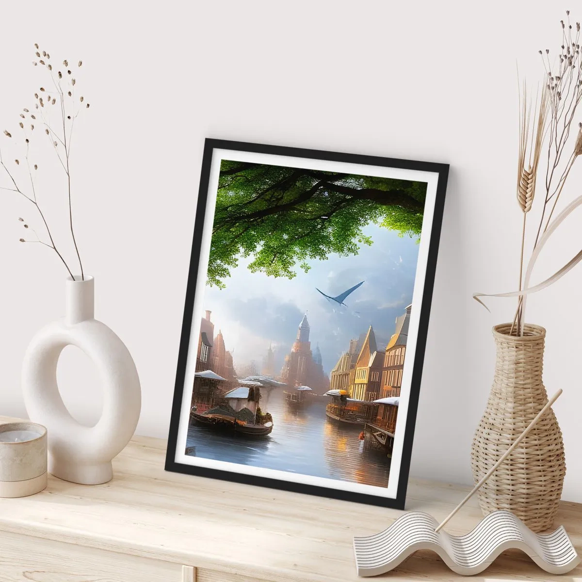 Plagát v čiernom ráme - Malebný výhľad na kanál s historickou architektúrou - 50x70cm - Holandská mestská krajinka - Moderná nástenná dekorácia do obývacej izby a spálne ARTTOR