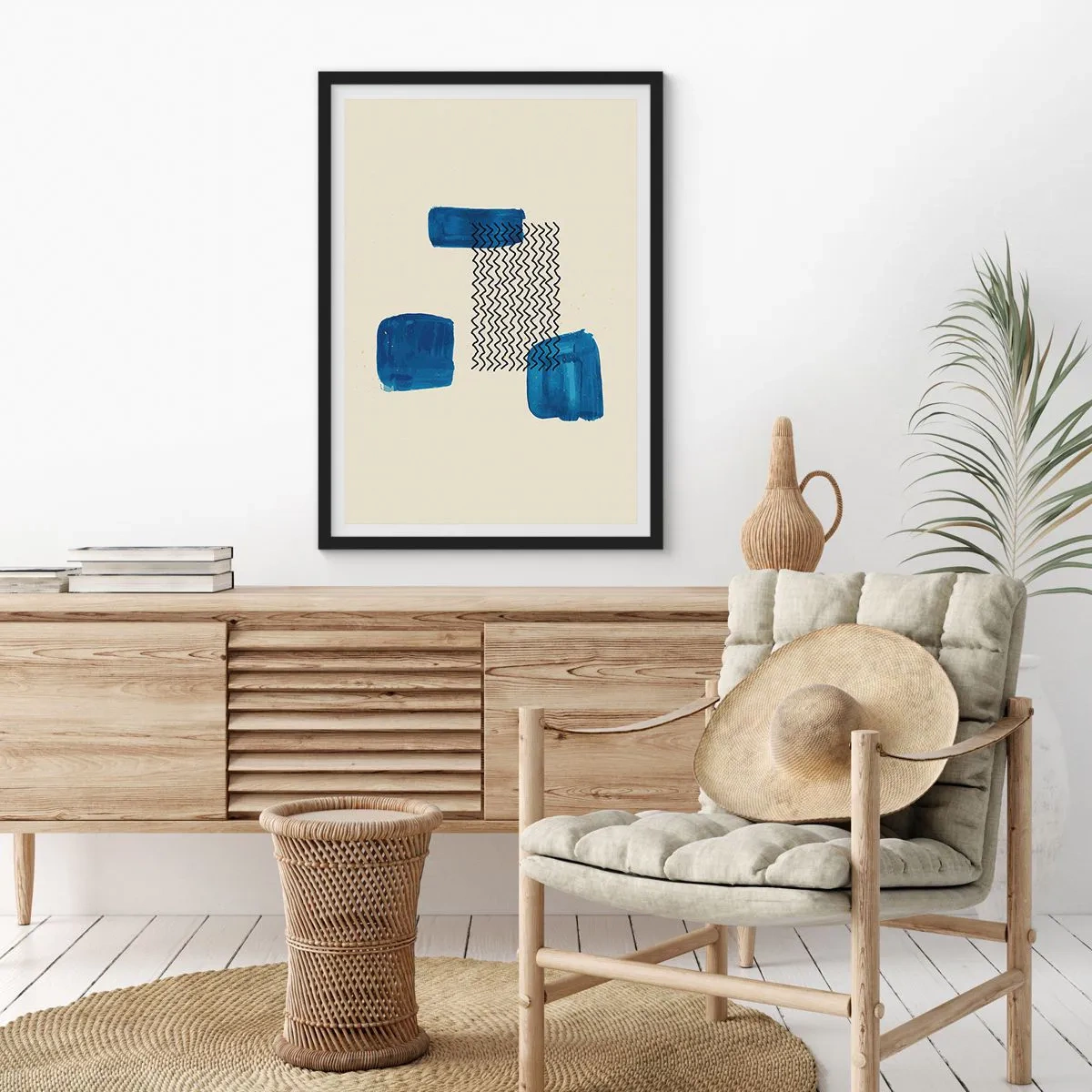 Plagát v čiernom ráme - Abstraktná kompozícia v odtieňoch námorníckej modrej s čiarami - 50x70cm - Abstraktné kvarteto - Moderná nástenná dekorácia do obývacej izby a spálne ARTTOR