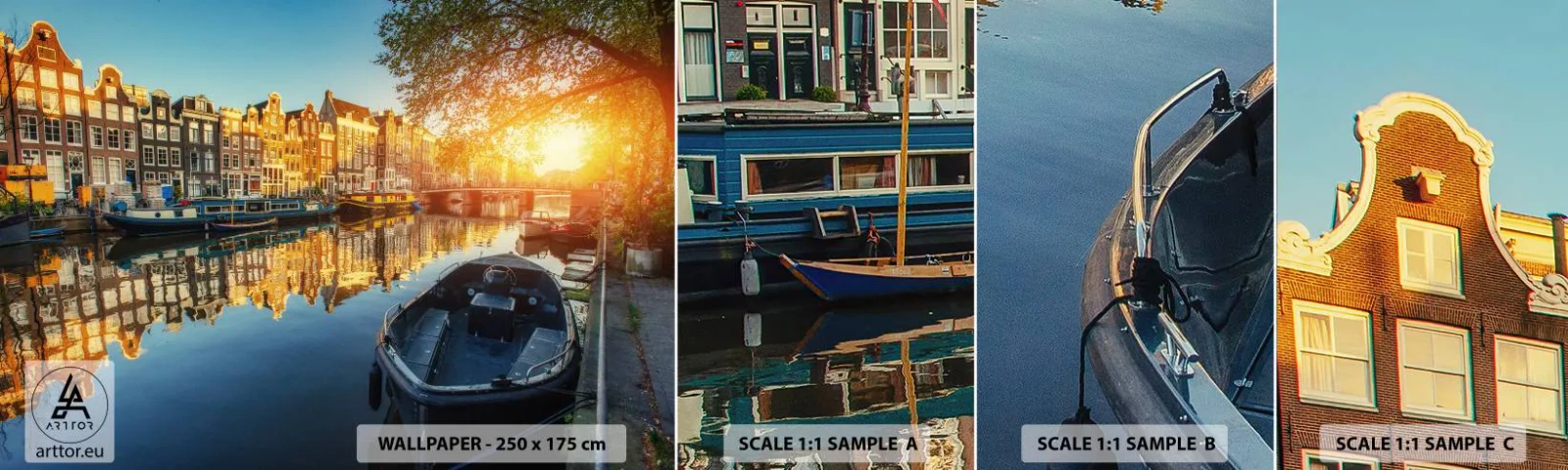 Vzorka samolepiacej fototapety Deluxe Sticker - Ráno v Amsterdame - Mesto, Amsterdam, Architektúra - 100x30 cm