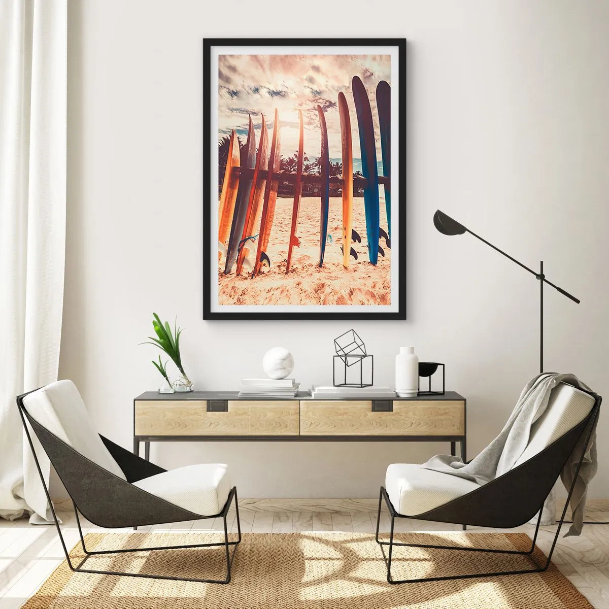 Plagát v čiernom ráme - Farebné surfové dosky na pozadí pláže a paliem - 50x70cm - Dobrú noc, tak zajtra. - Moderná nástenná dekorácia do obývacej izby a spálne ARTTOR
