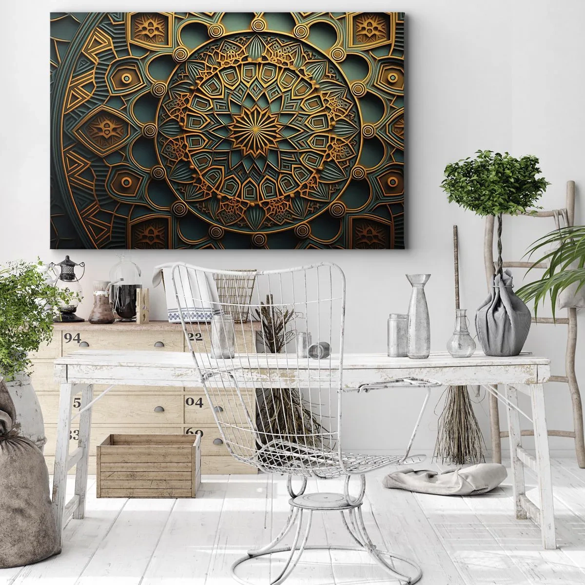 Obraz na plátne - Zlatá mandala na tyrkysovom pozadí s bohatými detailmi. - 70x50cm - V arabskom štýle - Moderná nástenná dekorácia do obývacej izby a spálne ARTTOR