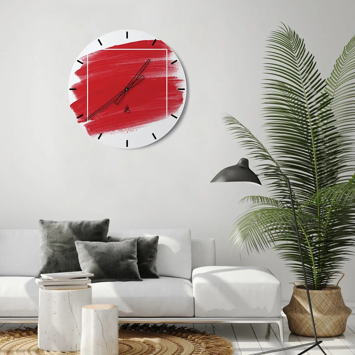 Nástenné hodiny - Ťah červeného štetca prechádzajúci bielym okrajom - 30x30cm - Mimo rám - Moderná nástenná dekorácia do obývacej izby, kuchyne a spálne ARTTOR