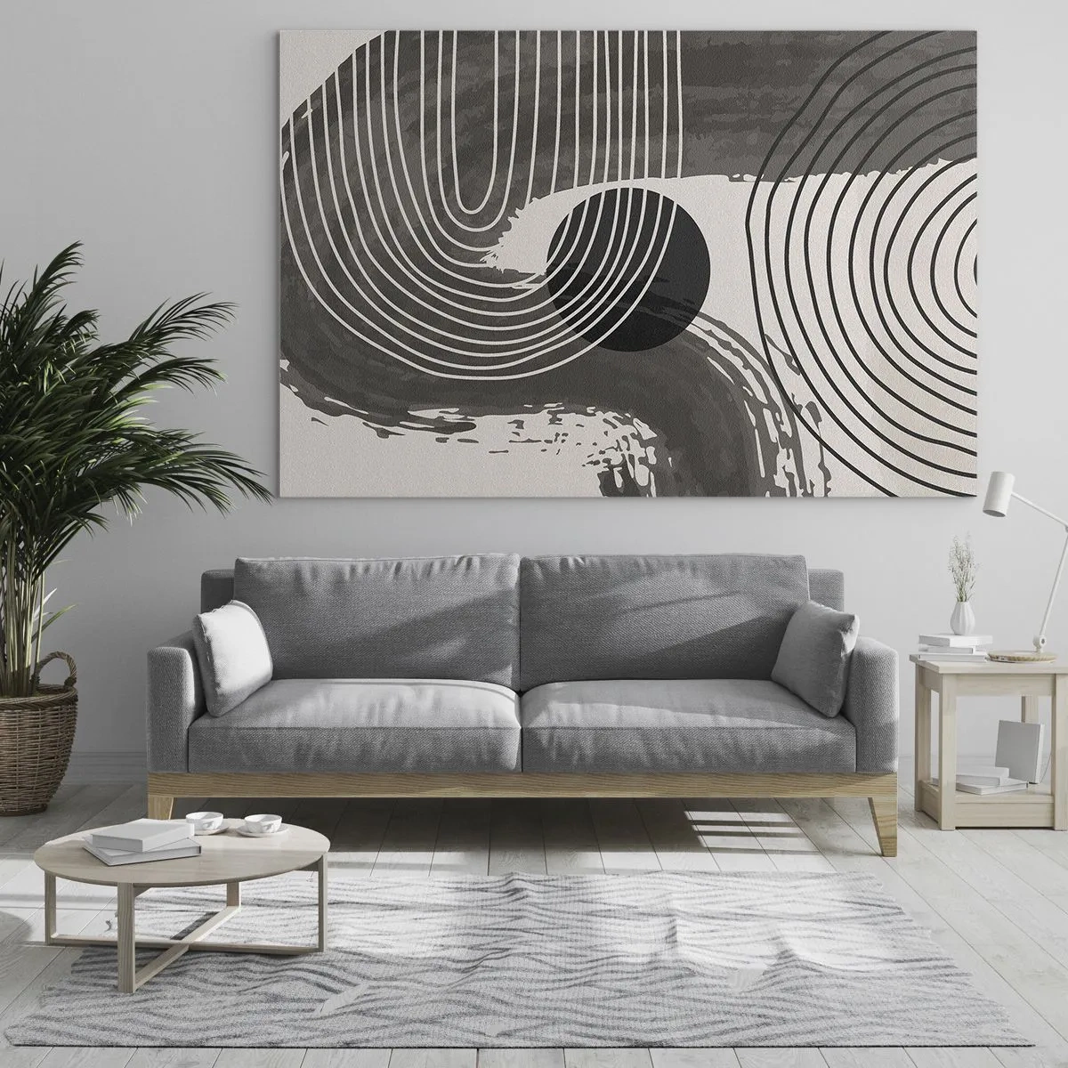 Obraz na skle - Moderná abstrakcia s čiernobielymi čiarami a oválom - 70x50cm - Ovál víťazí - Moderná nástenná dekorácia do obývacej izby a spálne ARTTOR