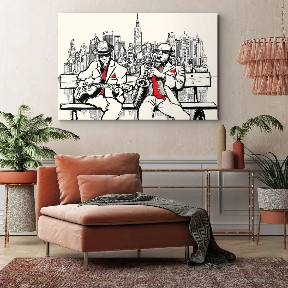 Obraz na plátne - Džezové duo so saxofónom a gitarou na pozadí mesta - 70x50cm - Newyorská improvizácia - Moderná nástenná dekorácia do obývacej izby a spálne ARTTOR