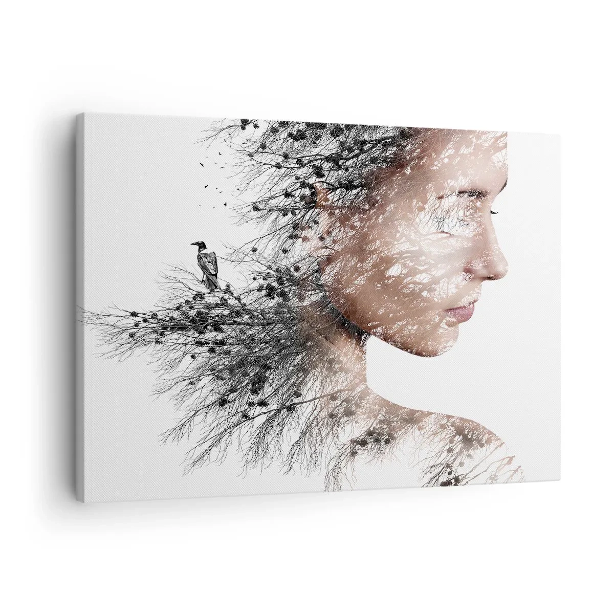Obraz na plátne - Silueta ženy s motívom konára a vtáka v pozadí - 70x50cm - Duch lesa - Moderná nástenná dekorácia do obývacej izby a spálne ARTTOR
