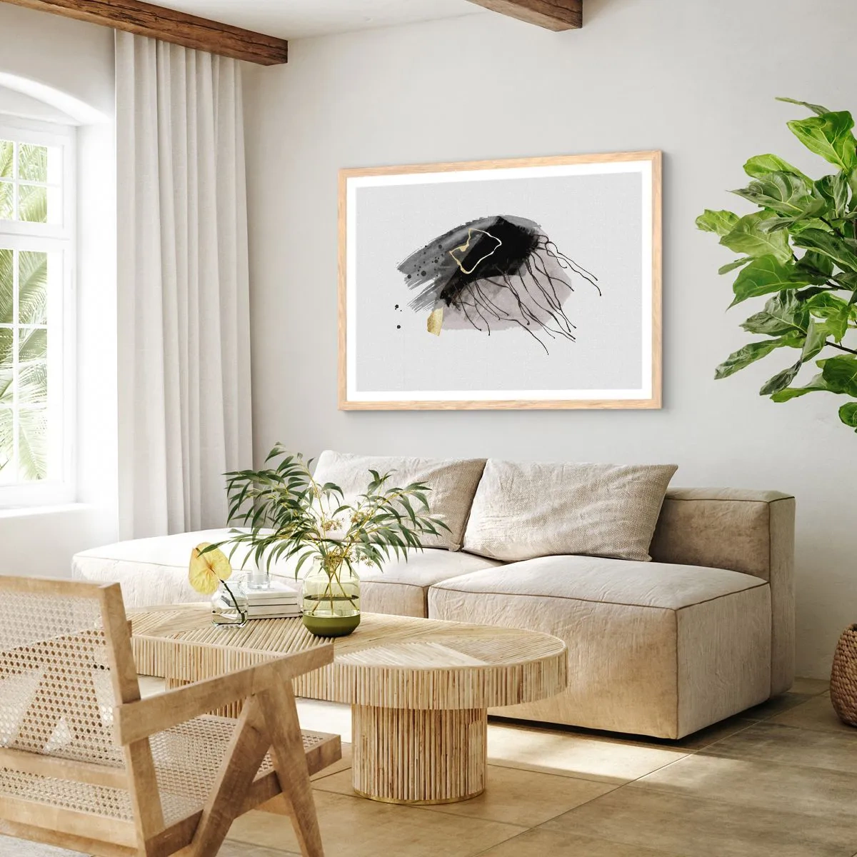 Plagát v ráme zo svetlého duba - V čiernej a zlatej - 100x70 cm