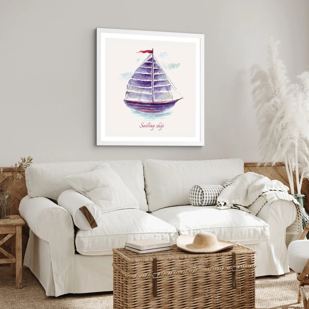 Plagát v bielom ráme - Napnuté plachty a pokojná voda - 60x60 cm