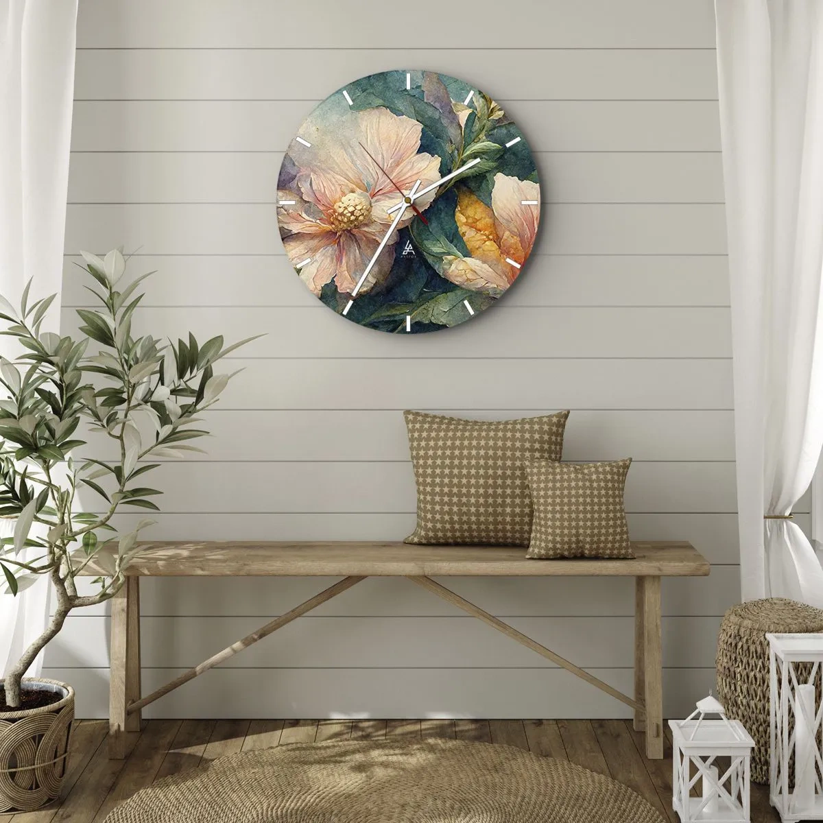Nástenné hodiny - Jemné kvety v pastelových farbách so zelenými listami - 30x30cm - Číra subtílnosť - Moderná nástenná dekorácia do obývacej izby, kuchyne a spálne ARTTOR