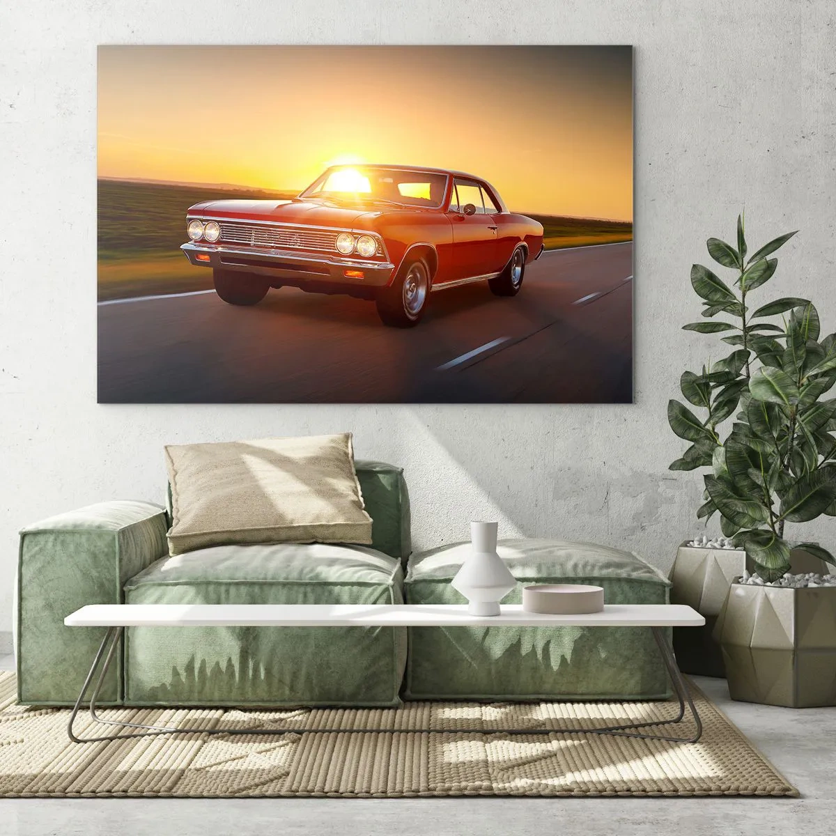 Obraz na skle - Červené klasické auto proti zapadajúcemu slnku - 70x50cm - Túžba má červenú farbu - Moderná nástenná dekorácia do obývacej izby a spálne ARTTOR