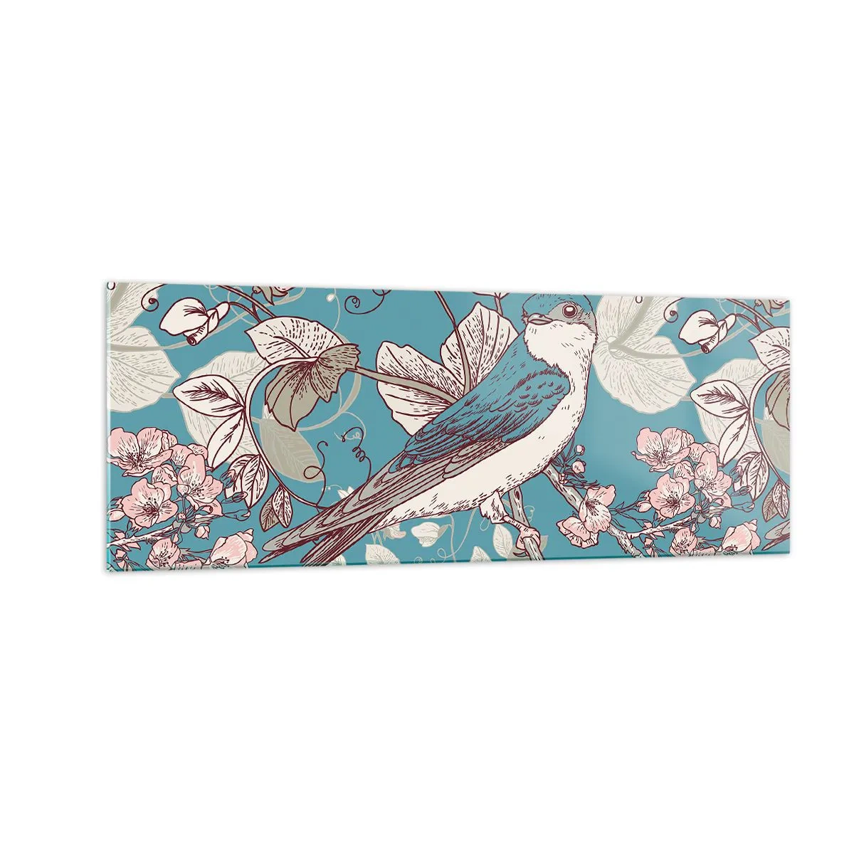 Obraz na skle - Na bielom strome vtáky a strieborné lístie - 140x50 cm