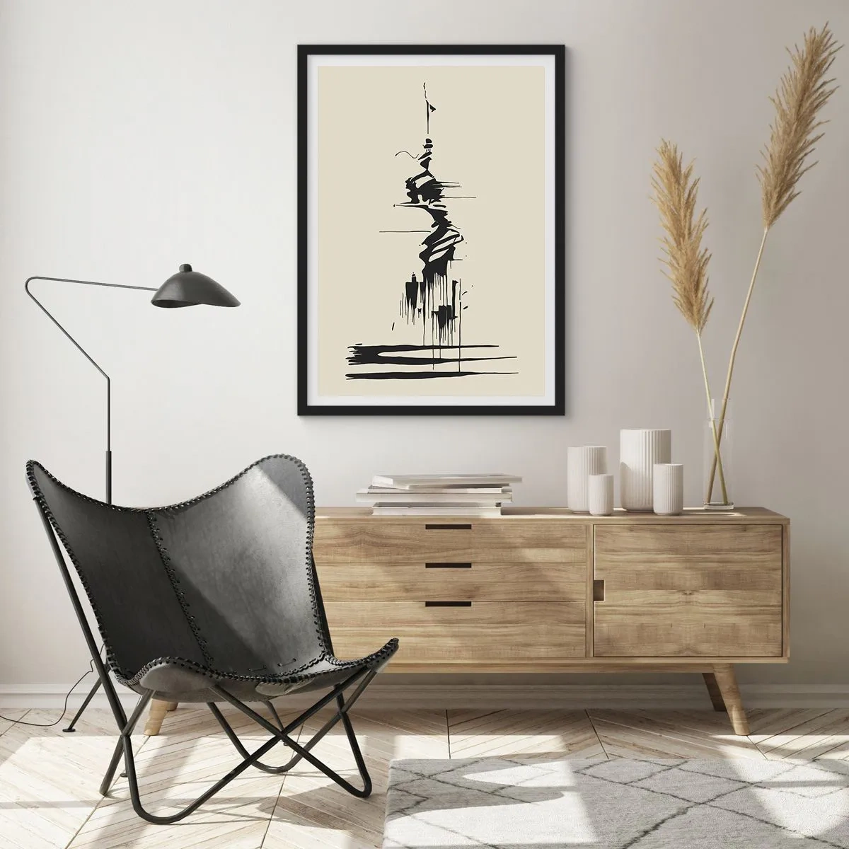 Plagát v čiernom ráme - Abstraktná kresba postavy na vlnitom pozadí. - 50x70cm - Rýchla abstrakcia - Moderná nástenná dekorácia do obývacej izby a spálne ARTTOR