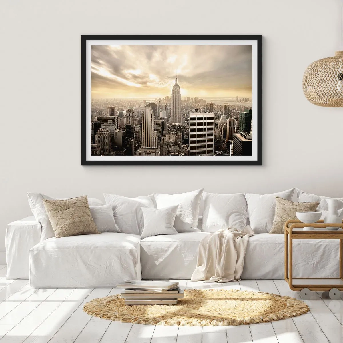 Plagát v čiernom ráme - New York utkaný zo šedej - 100x70 cm