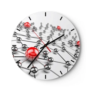 Nástenné hodiny - Molekulárna štruktúra s červenými akcentmi na bielom pozadí - 30x30cm - Strieborná sieť - Moderná nástenná dekorácia do obývacej izby, kuchyne a spálne ARTTOR