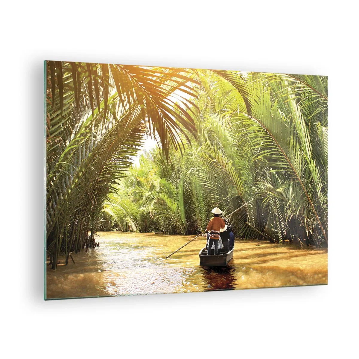 Obraz na skle - Loď s mužom veslujúcim sa plaví cez roklinu lemovanú palmami - 70x50cm - Palmovou roklinou - Moderná nástenná dekorácia do obývacej izby a spálne ARTTOR