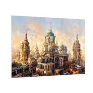 Obraz na skle - Fantastická panoráma mesta s vežami a palácmi - 70x50cm - Mesto miest - Moderná nástenná dekorácia do obývacej izby a spálne ARTTOR