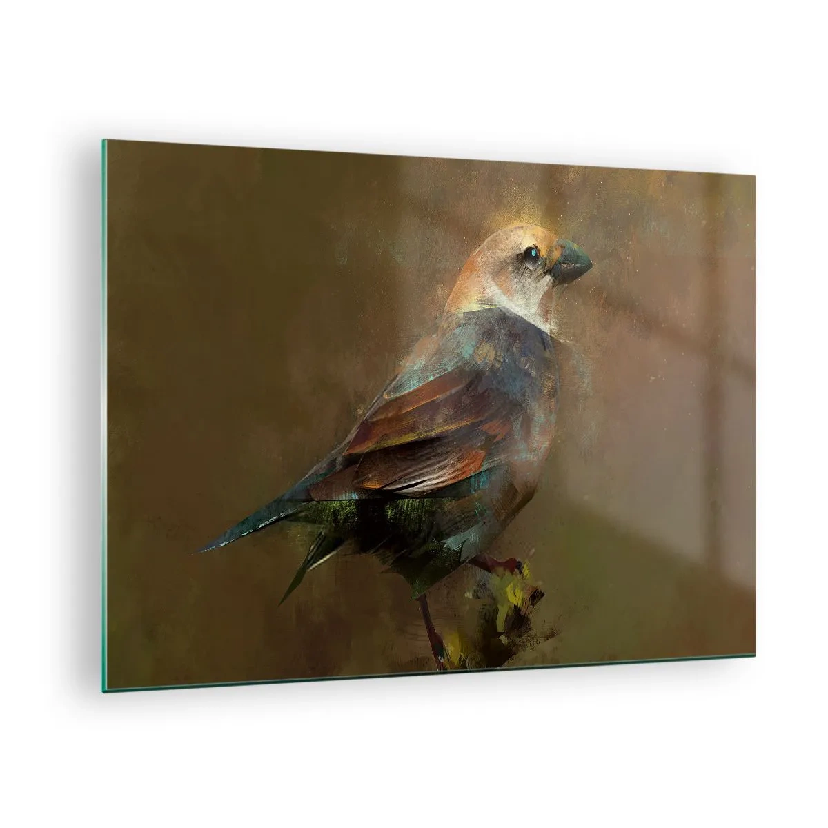 Obraz na skle - Vrabec v umeleckom, maliarskom štýle na neutrálnom pozadí - 70x50cm - Vrabček, maličký vtáčik - Moderná nástenná dekorácia do obývacej izby a spálne ARTTOR