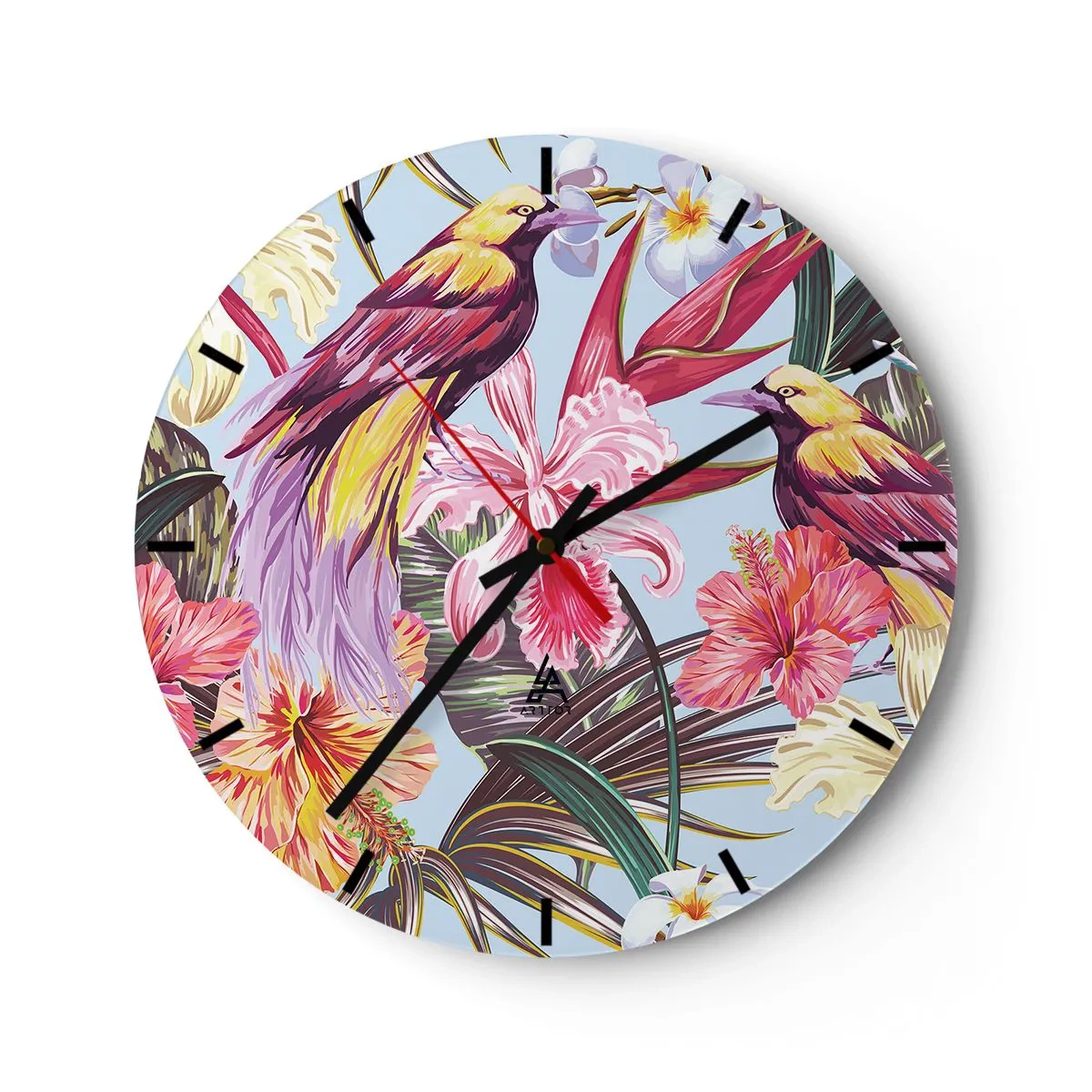 Nástenné hodiny - Farebné vtáky medzi tropickými kvetmi a listami - 30x30cm - Plátky a pierka - Moderná nástenná dekorácia do obývacej izby, kuchyne a spálne ARTTOR