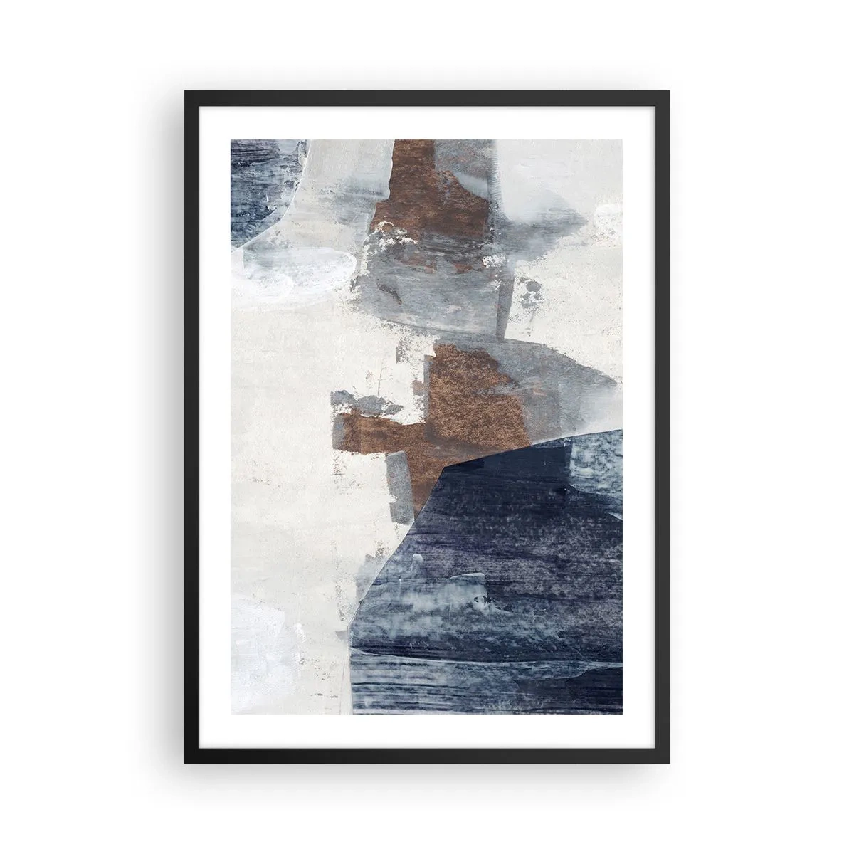 Plagát v čiernom ráme - Moderná abstrakcia v odtieňoch hnedej a námorníckej modrej - 50x70cm - Modro-hnedé tvary - Moderná nástenná dekorácia do obývacej izby a spálne ARTTOR