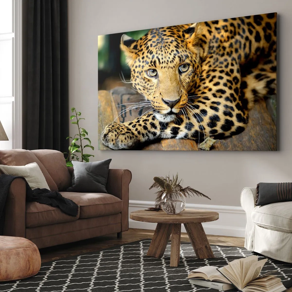 Obraz na plátne - Portrét leoparda v jeho prirodzenom prostredí - 70x50cm - Neboj sa, prístup - Moderná nástenná dekorácia do obývacej izby a spálne ARTTOR