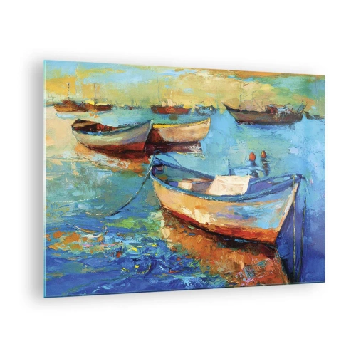Obraz na skle - Farebné lode na pozadí pokojnej vody - 70x50cm - V južnom zálive - Moderná nástenná dekorácia do obývacej izby a spálne ARTTOR