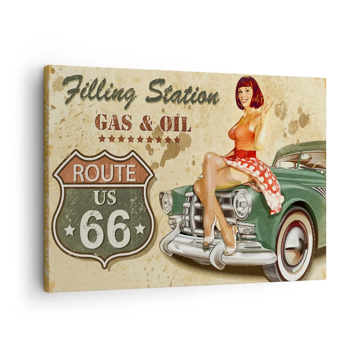 Obraz na plátne - Retro plagát Route 66 s pin-up dievčaťom a autom - 70x50cm - Skvelé 40. roky - Moderná nástenná dekorácia do obývacej izby a spálne ARTTOR