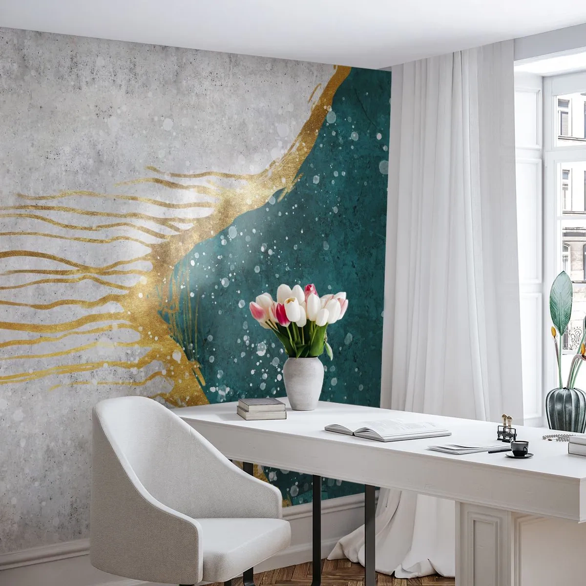 Fototapeta Standard Eco - Abstraktný tok tyrkysovej a zlatej farby na svetlom pozadí - 100x70cm - Zlatý príliv - Moderná nástenná dekorácia do obývacej izby a spálne ARTTOR