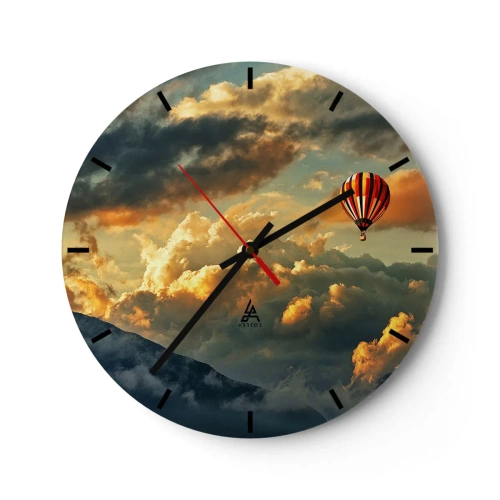 Nástenné hodiny - Balón vznášajúci sa medzi oblakmi pri západe slnka - 30x30cm - Letím, lebo chcem - Moderná nástenná dekorácia do obývacej izby, kuchyne a spálne ARTTOR