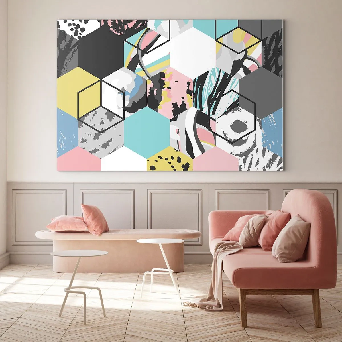 Obraz na skle - Šesťuholníky a kocky v šiestich farbách - 100x70 cm