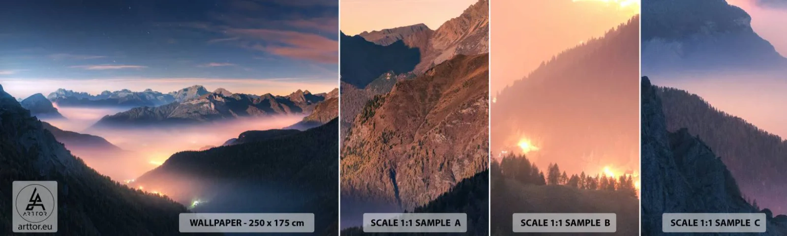 Vzorka samolepiacej fototapety Deluxe Sticker - Svetlo v údoliach - Krajina, hory, les - 100x30 cm