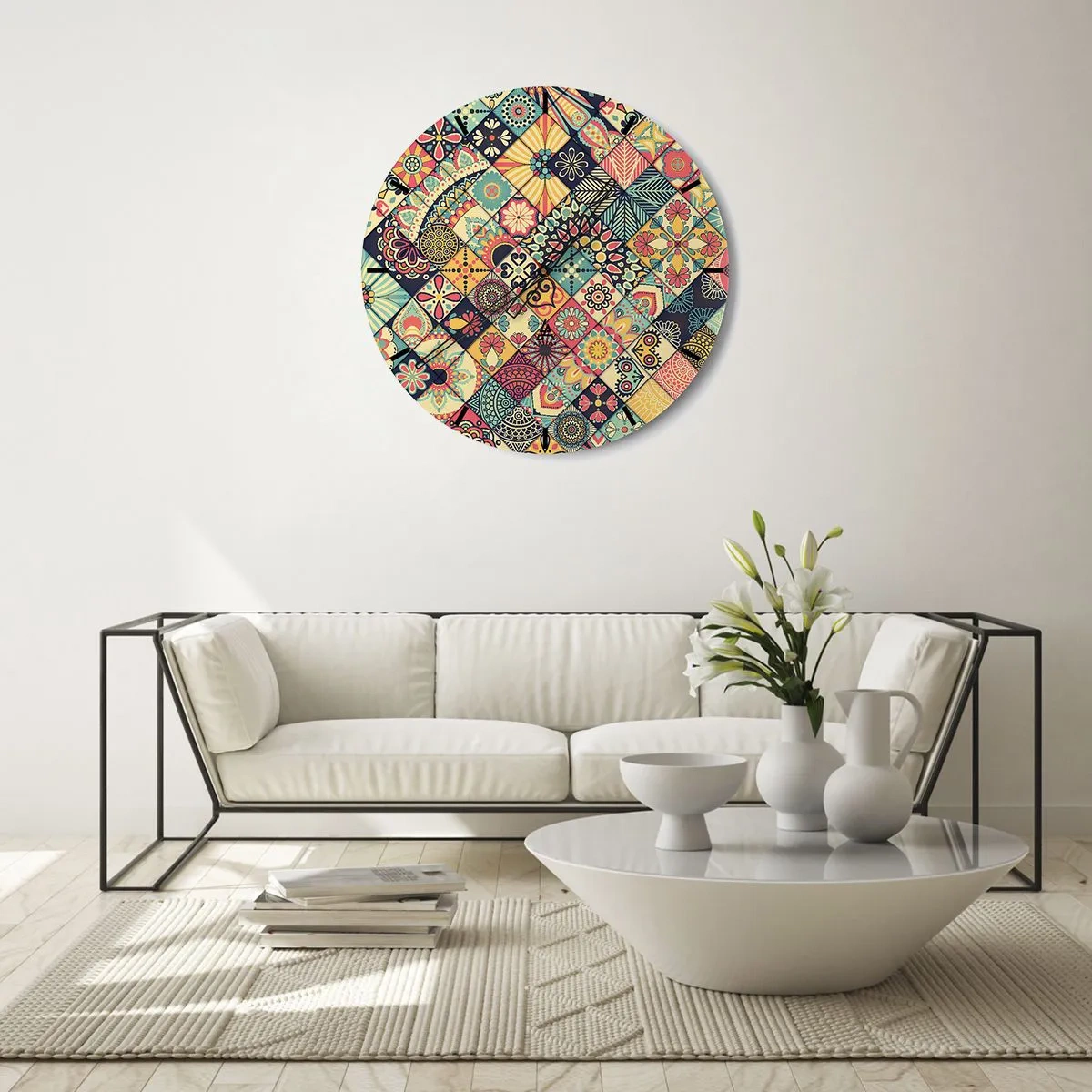 Nástenné hodiny - Farebný patchworkový motív s geometrickými vzormi - 30x30cm - Marocká vízia - Moderná nástenná dekorácia do obývacej izby, kuchyne a spálne ARTTOR