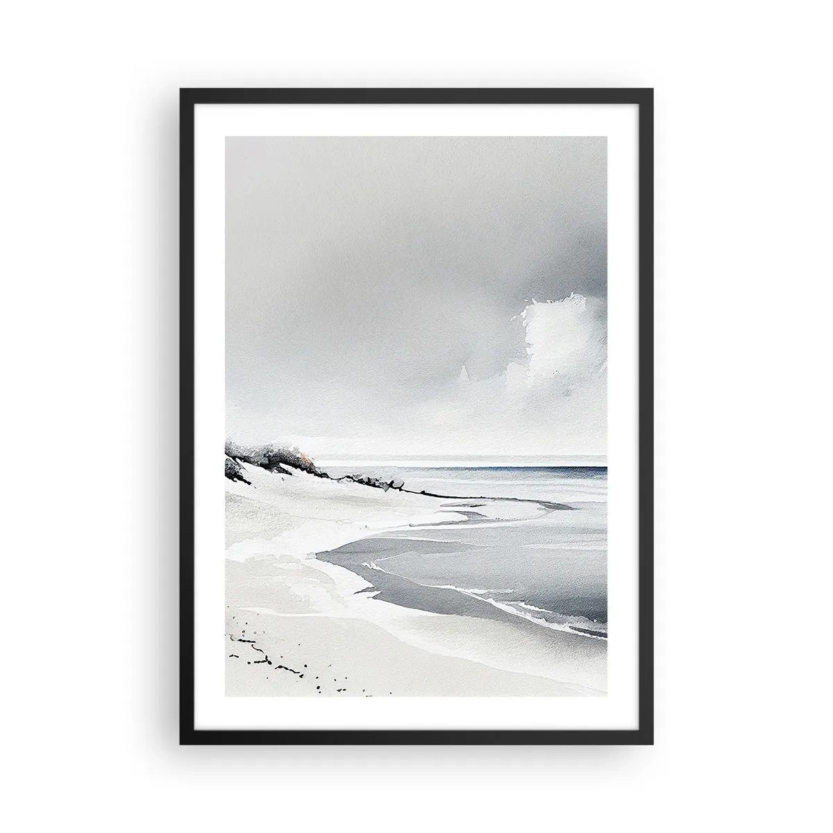 Plagát v čiernom ráme - Minimalistická pláž v odtieňoch sivej - 50x70cm - Vždy spolu - Moderná nástenná dekorácia do obývacej izby a spálne ARTTOR