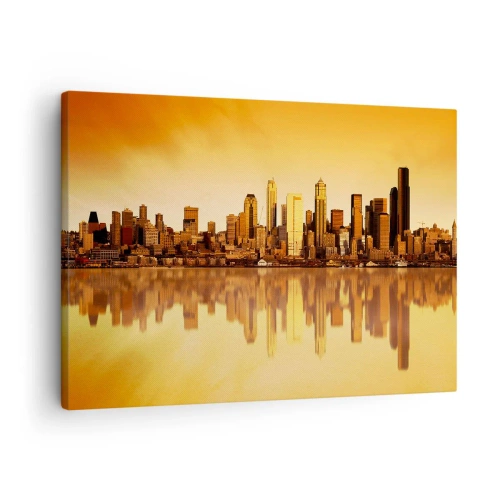 Obraz na plátne - Panoráma mesta sa odráža vo vode pri západe slnka - 70x50cm - Ticho metropoly - Moderná nástenná dekorácia do obývacej izby a spálne ARTTOR