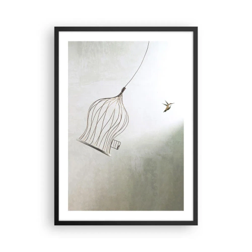Plagát v čiernom ráme - Vták opúšťajúci svoju klietku v minimalistickom štýle. - 50x70cm - Vo svojom živle - Moderná nástenná dekorácia do obývacej izby a spálne ARTTOR