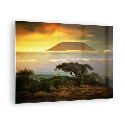 Obraz na skle - Kilimandžáro obklopené oblakmi na pozadí africkej savany - 70x50cm - Sen cestovateľa - Moderná nástenná dekorácia do obývacej izby a spálne ARTTOR