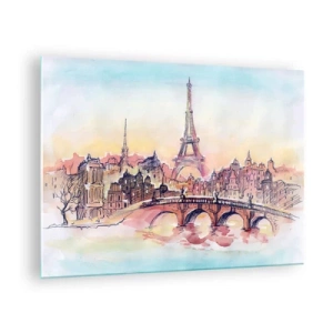 Obraz na skle - Panoráma Paríža s Eiffelovou vežou v jemnom akvarelovom štýle - 70x50cm - Jediné také mesto na svete - Moderná nástenná dekorácia do obývacej izby a spálne ARTTOR