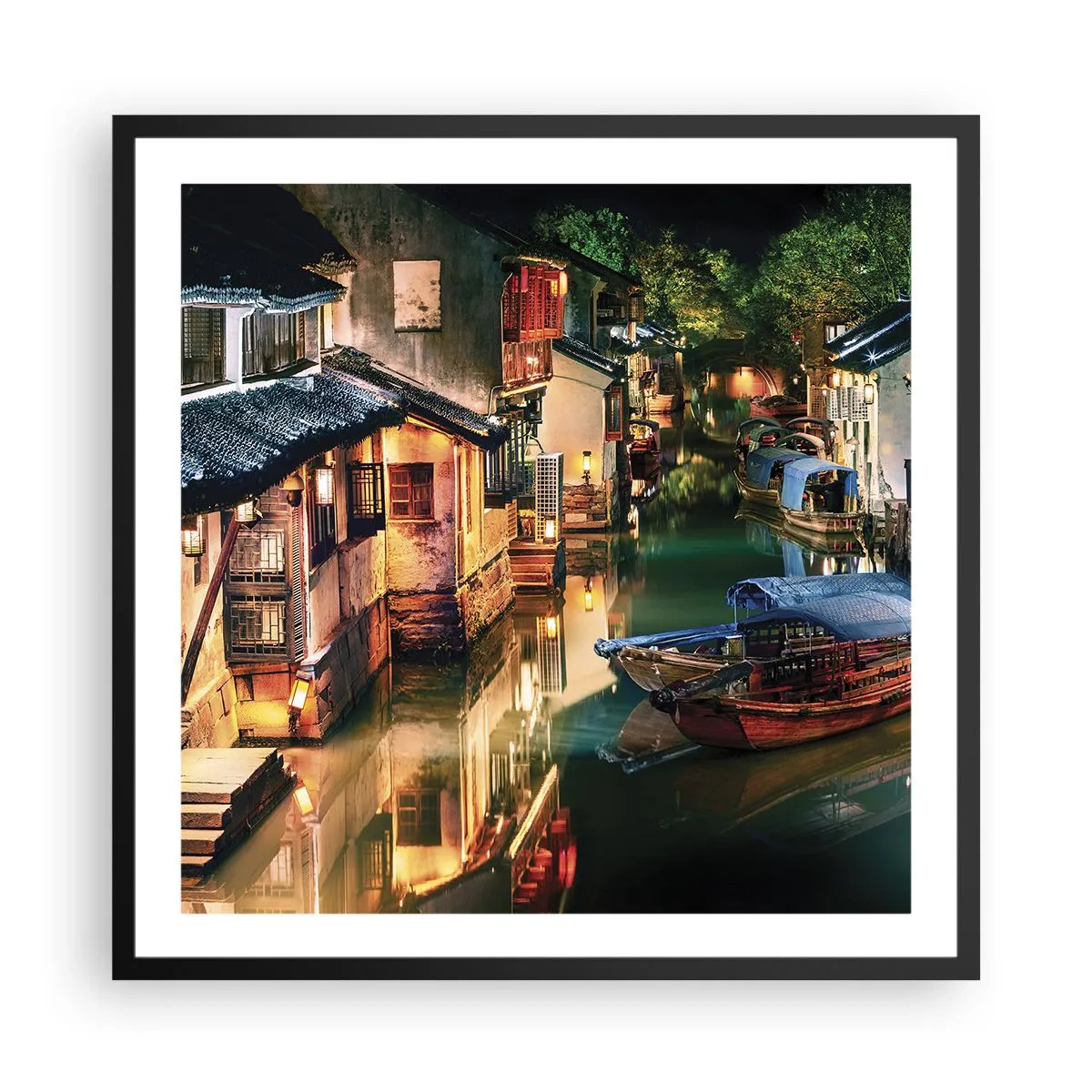 Plagát v čiernom ráme - Večer na čínskej ulici - 60x60 cm