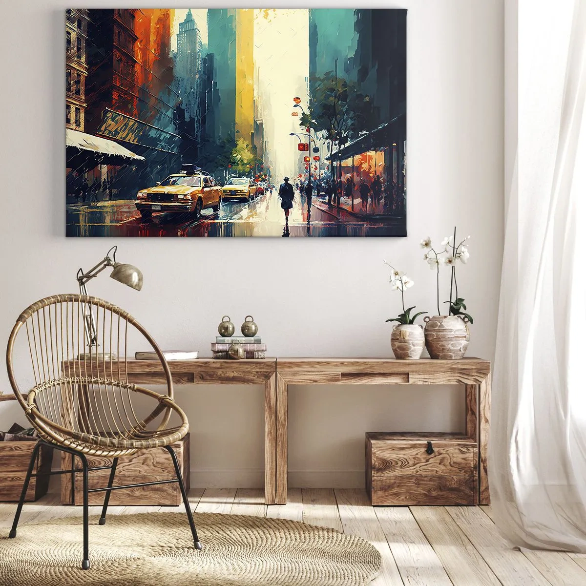 Obraz na plátne - Rušné mesto s taxíkmi a okoloidúcimi - 70x50cm - New York – tu je aj dážď farebný - Moderná nástenná dekorácia do obývacej izby a spálne ARTTOR