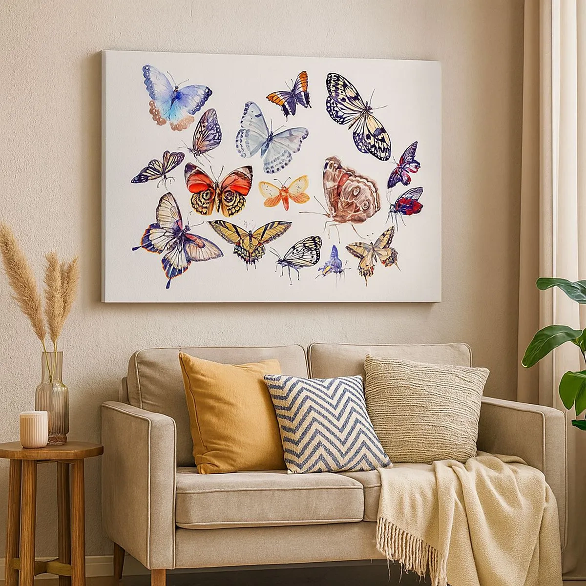 Obraz na plátne - Farebné motýle na bielom pozadí - 70x50cm - Čipkový, farebný roj - Moderná nástenná dekorácia do obývacej izby a spálne ARTTOR