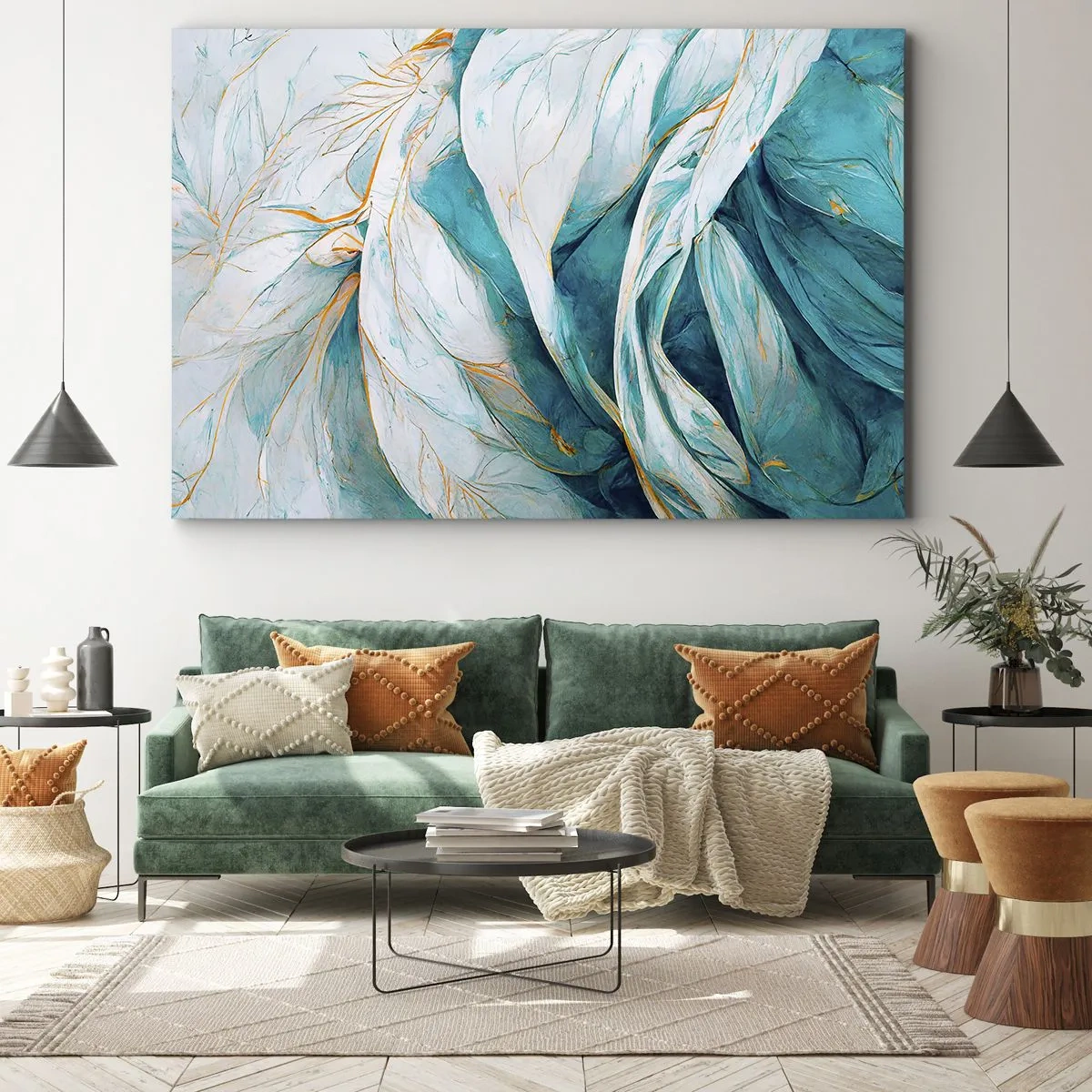 Obraz na plátne - Abstraktné modré listy so zlatými detailmi - 70x50cm - Modrá abstrakcia so zlatým motívom - Moderná nástenná dekorácia do obývacej izby a spálne ARTTOR