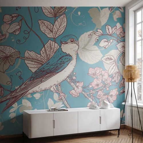 Fototapeta Standard Eco - Štylizovaný vták medzi kvetmi na modrom pozadí - 100x70cm - Na bielom strome vtáky a strieborné lístie - Moderná nástenná dekorácia do obývacej izby a spálne ARTTOR