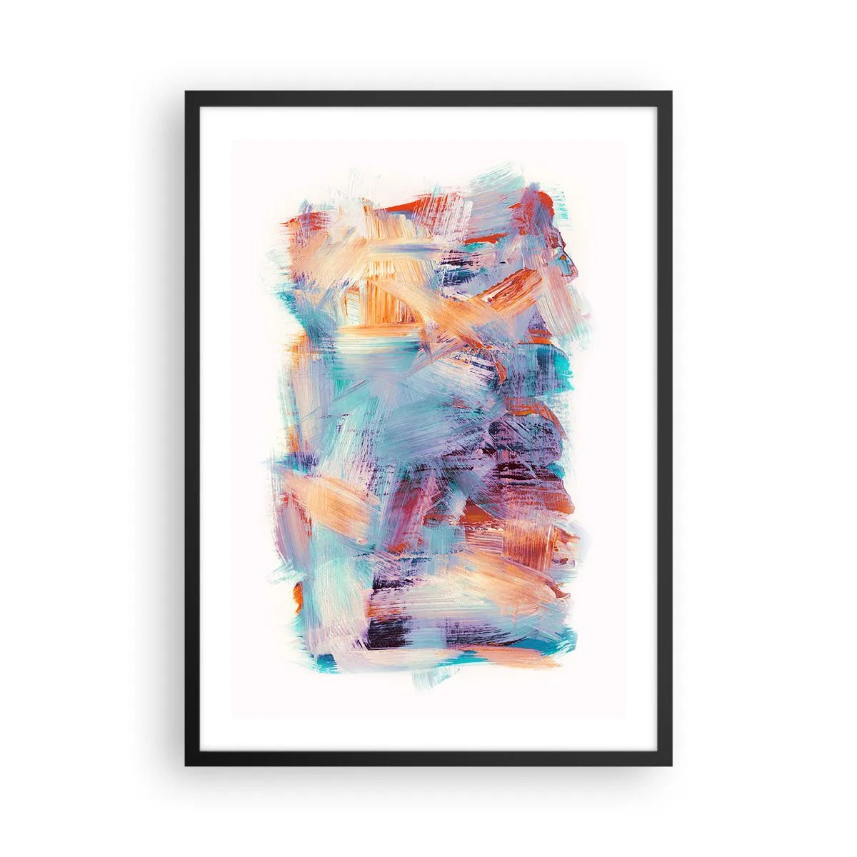 Plagát v čiernom ráme - Expresívna abstrakcia v odtieňoch oranžovej a modrej - 50x70cm - Farebný neporiadok - Moderná nástenná dekorácia do obývacej izby a spálne ARTTOR