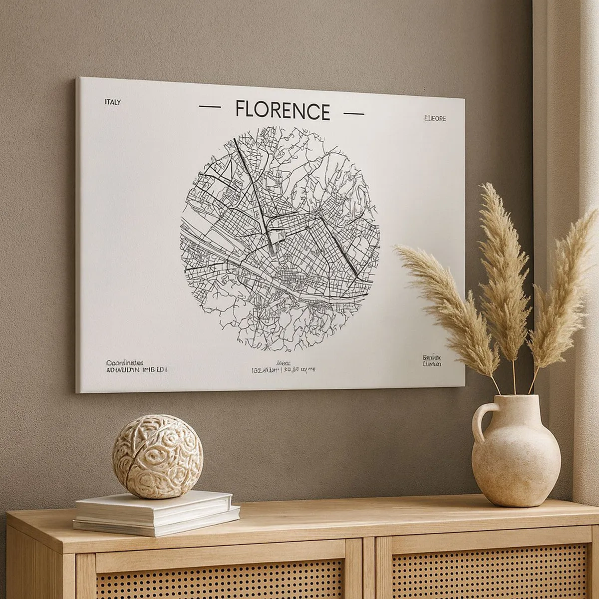 Obraz na plátne - Mapa Florencie v minimalistickom čiernobielom štýle - 70x50cm - Anatómia Florencie - Moderná nástenná dekorácia do obývacej izby a spálne ARTTOR