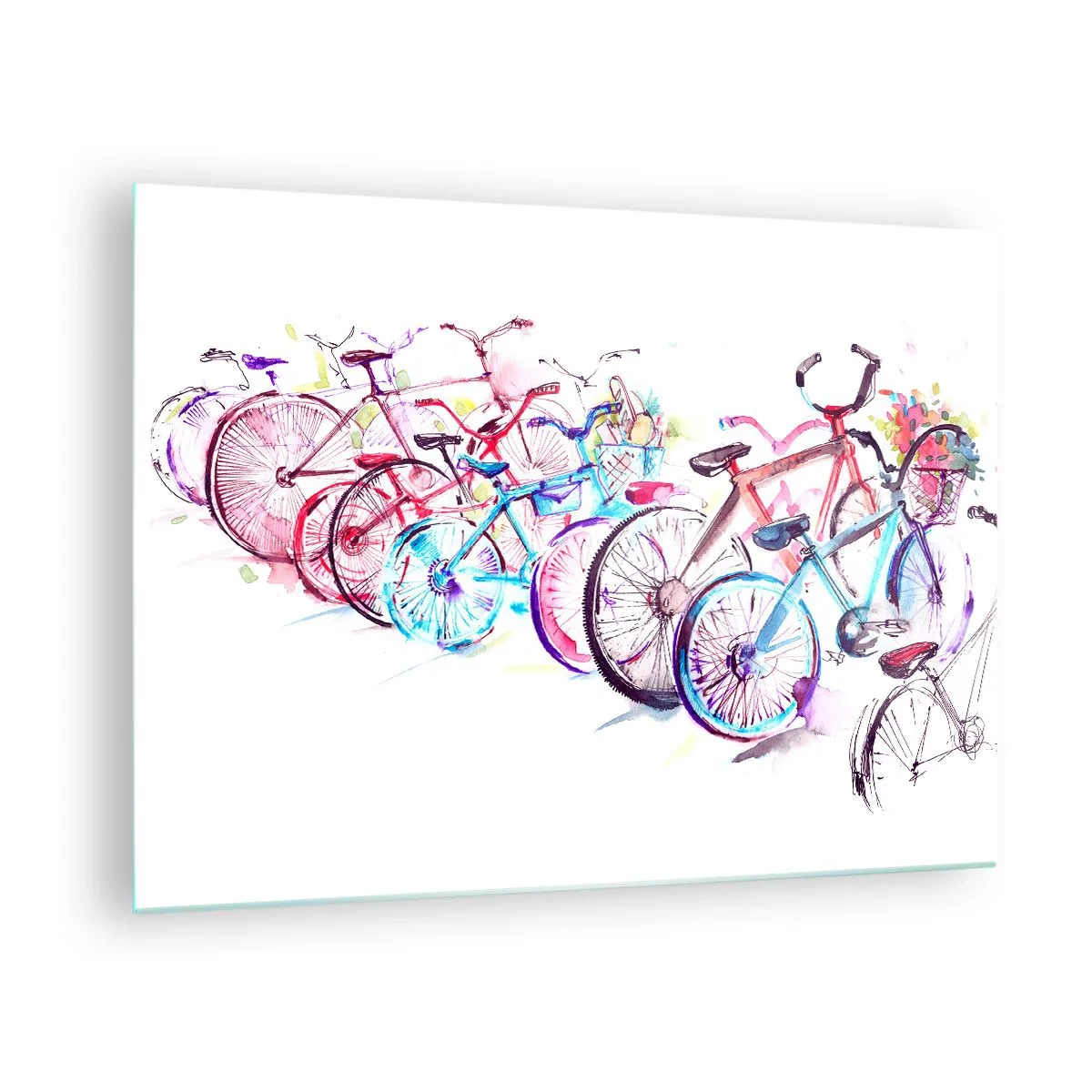 Obraz na skle - Farebné bicykle v štýle akvarelu - 70x50cm - Zjazd Antimoto klubu - Moderná nástenná dekorácia do obývacej izby a spálne ARTTOR
