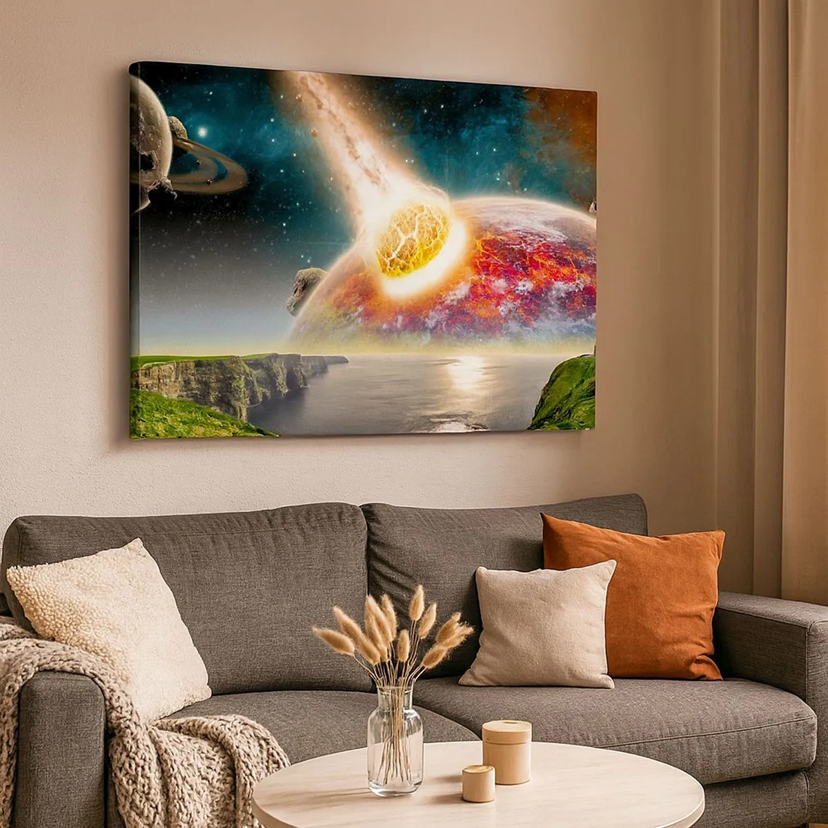 Obraz na plátne - Meteorit sa zrazí s planétou v kozmickej krajine. - 70x50cm - Vesmírna dráma - Moderná nástenná dekorácia do obývacej izby a spálne ARTTOR