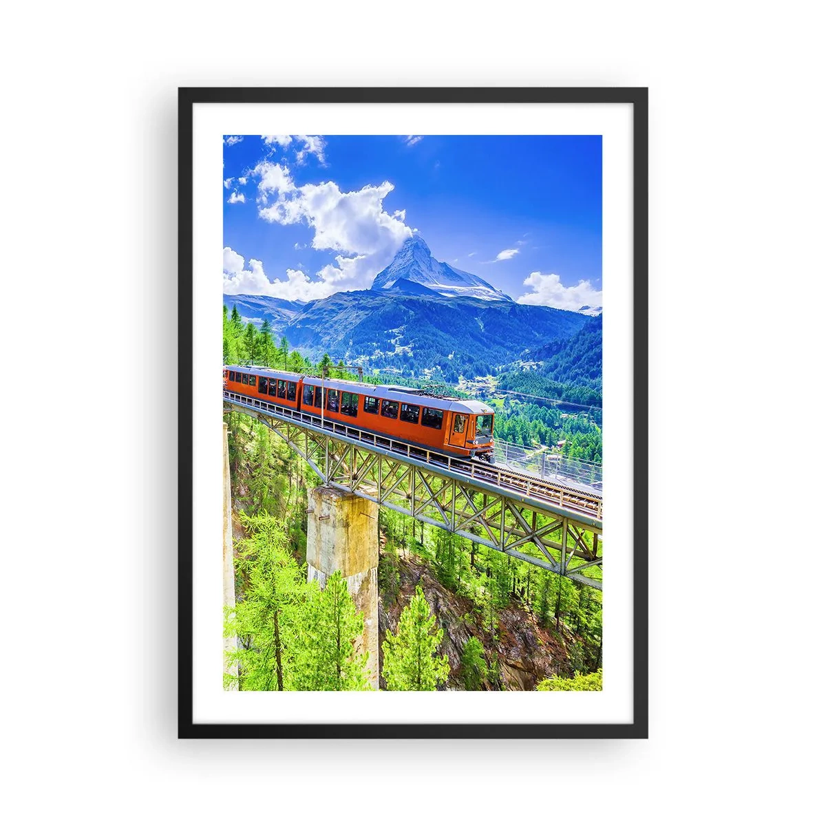 Plagát v čiernom ráme - Vlak na moste v Alpách s výhľadom na Matterhorn - 50x70cm - Alpská železnica - Moderná nástenná dekorácia do obývacej izby a spálne ARTTOR