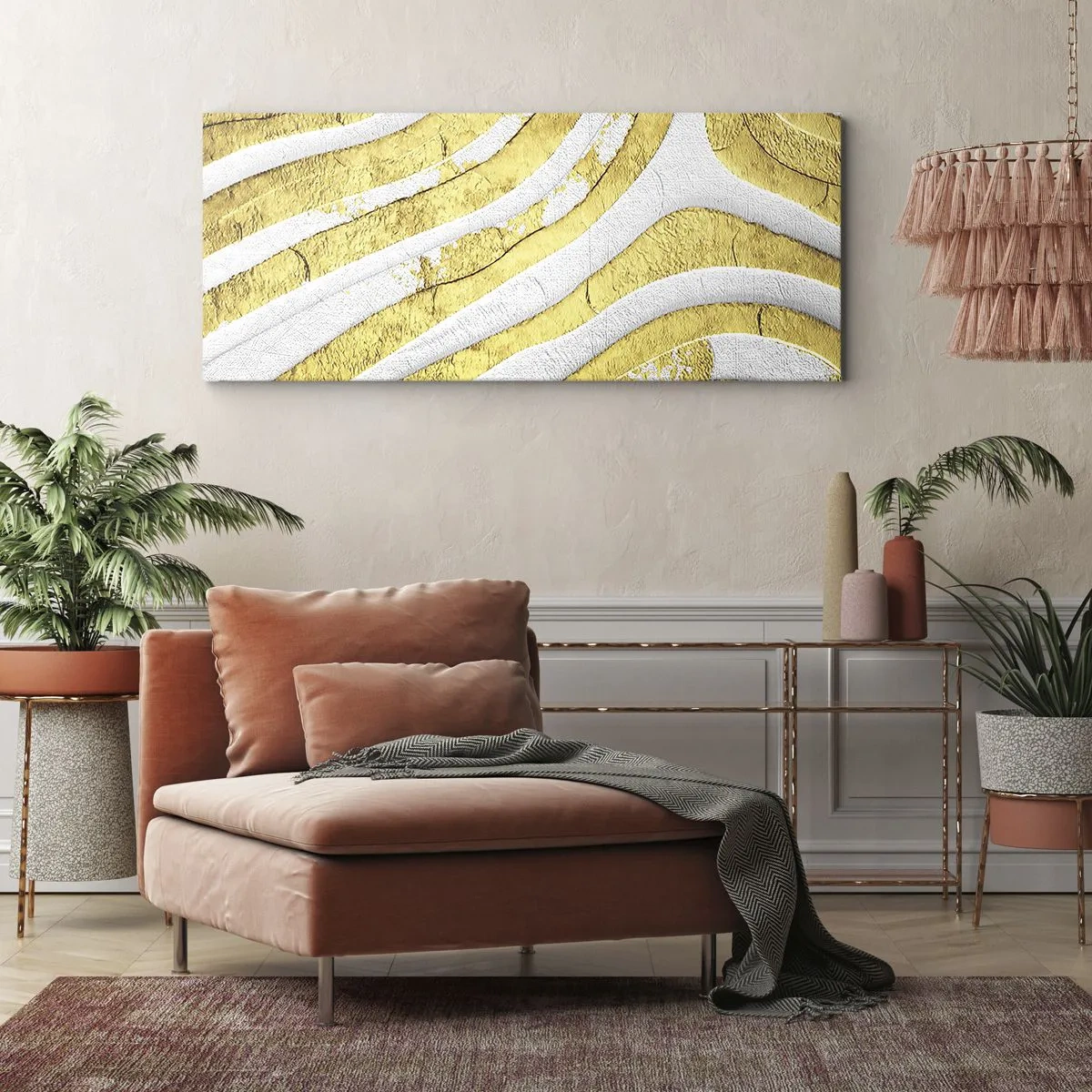 Obraz na plátne - Kompozícia v bielej a zlatej - 100x40 cm
