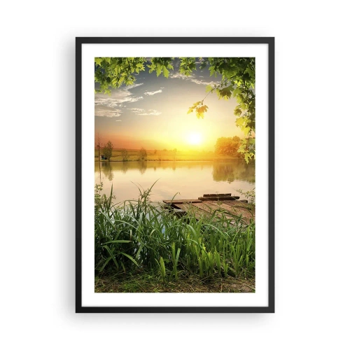 Plagát v čiernom ráme - Západ slnka nad jazerom s mólom - 50x70cm - Krajina v zelenom ráme - Moderná nástenná dekorácia do obývacej izby a spálne ARTTOR