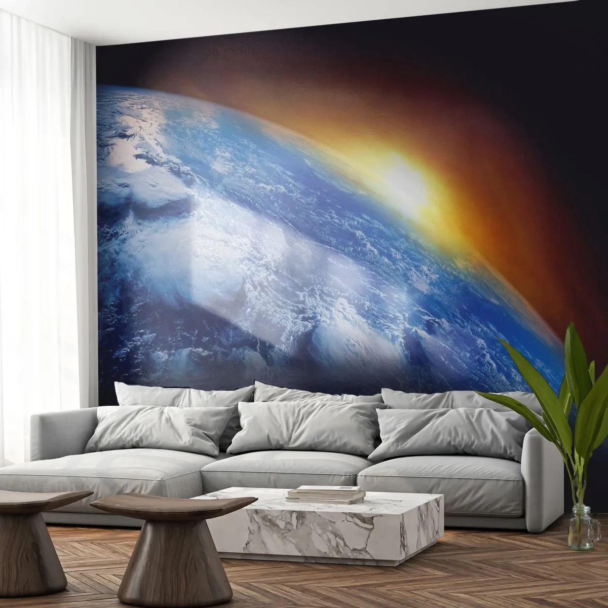 Samolepiaca Fototapeta Deluxe Sticker - Východ slnka nad modrou planétou - Abstrakcia, 3D, Kozmos - 250x175 cm