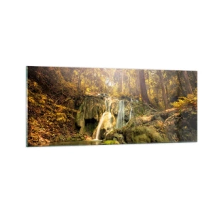 Obraz na skle - Lesný vodopád v zeleni - 100x40 cm